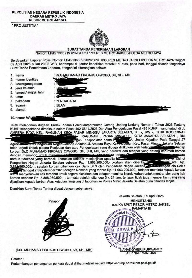 MERASA DI TIPU KLIENNYA SEBESAR 4 MILYAR RUPIAH,PENGACARA FIRDAUS OIWOBO LAPORKAN MANTAN KLIENNYA KE POLISI