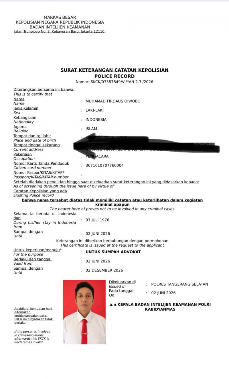 SKCK TERBIT DARI POLDA METRO JAYA,FIRDAUS OIWOBO AJUKAN SUMPAH ULANG ADVOKAT DAN MEMINTA MAAF KEPADA KETUA MAHKAMAH AGUNG RI